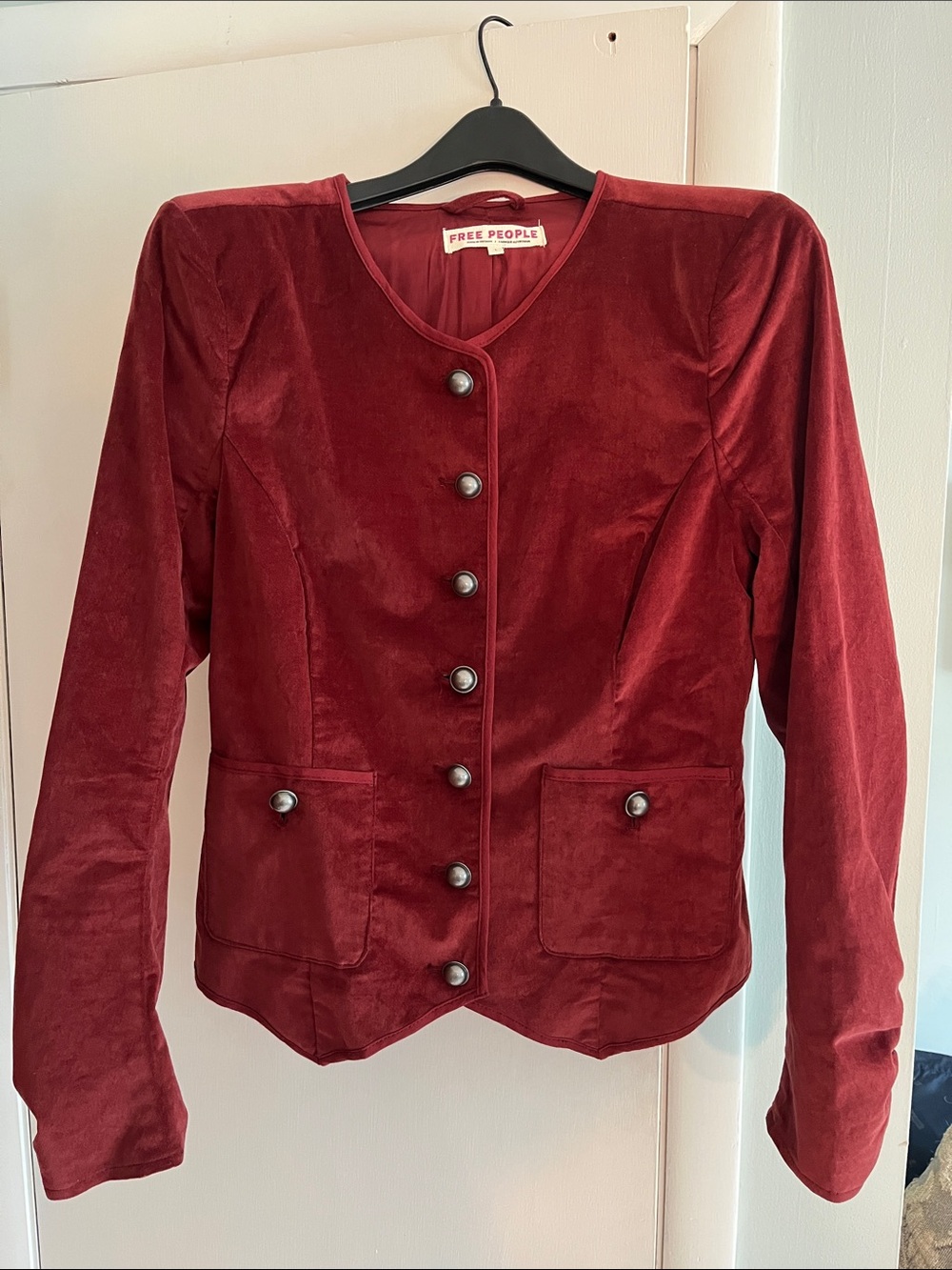 Free People Deep Red Velvet Button Jacket